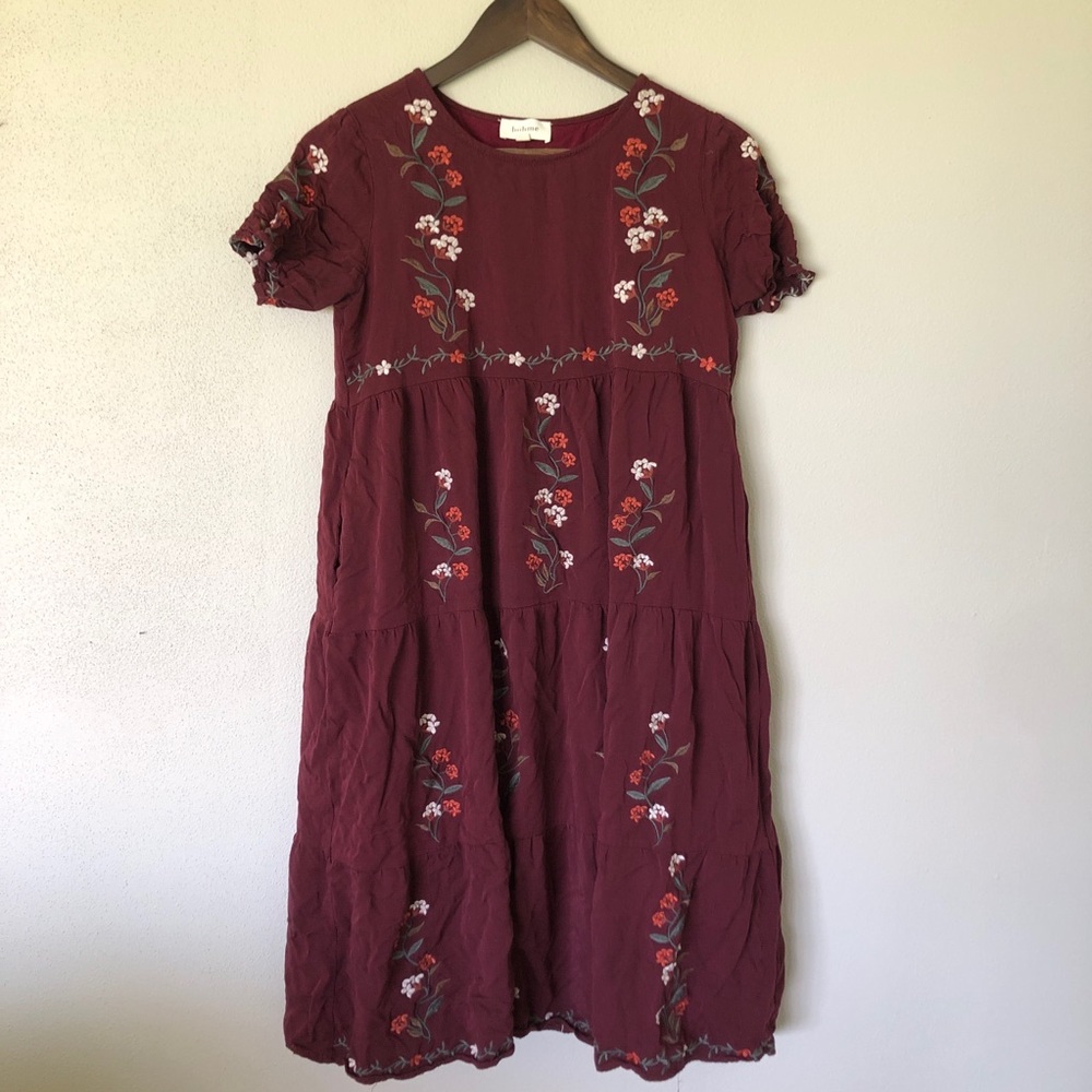 Bohme Maroon Tiered Embroidered Short Sleeve Dress